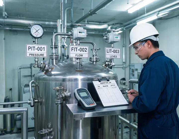 Operator checking process transmitters at a chemical reactor