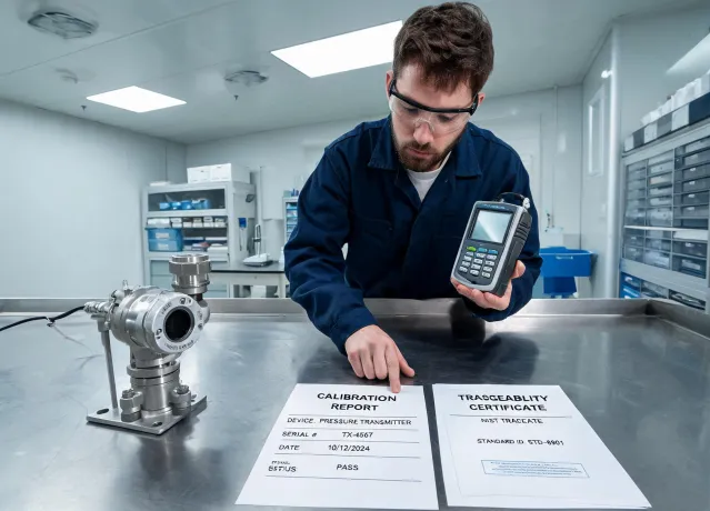 Technician reviewing a calibrated transmitter report